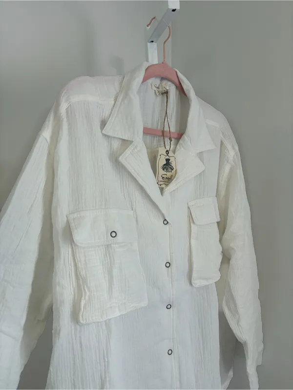 easel Cotton Gauze White Textured Button-Front Shirt Large Patch Pockets Size 3X - Image 3