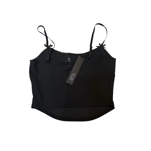 Bow Strap Cami Camisole Tank Top Black Ribbed Corset Style Coquette Whimsigoth - Image 4