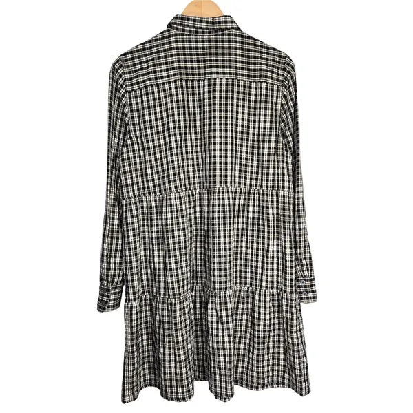 LOFT Womens Black Cream Plaid Tiered Shirt Dress Size M‎ Long Sleeve Gingham - Image 2