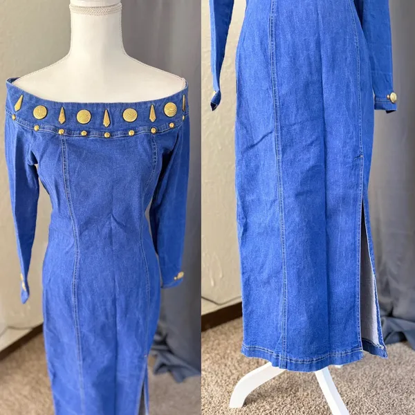 Tower western Denim Midi Dress Womens Medium Off Shoulder Gold Studded vintage - Image 10