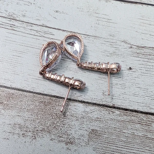 Dangle Earrings For Pierced Ears - Rose Gold Tone & Clear Gems - Image 6