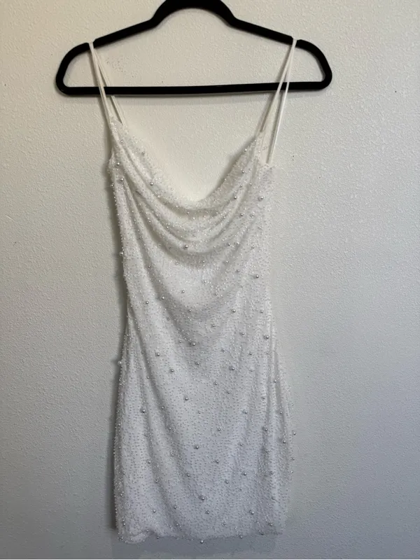 Windsor White Pearl Beaded Cowl Neck Mini Dress Open Back NWT Medium - Image 3