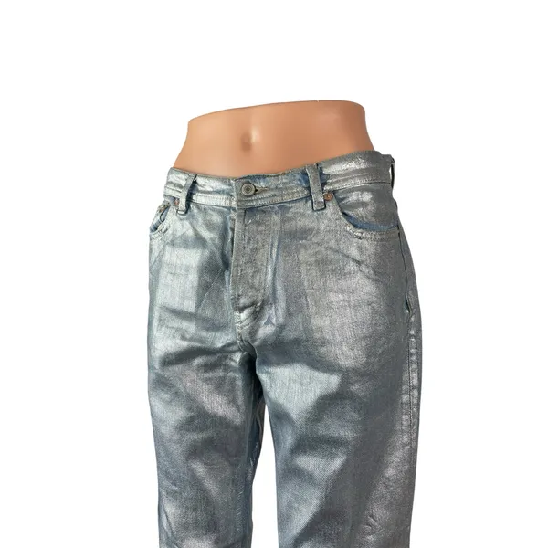 Free People Metallic Silver Raw Frayed Hem Barrel Wide Leg Denim Jeans Pants 26 - Image 2