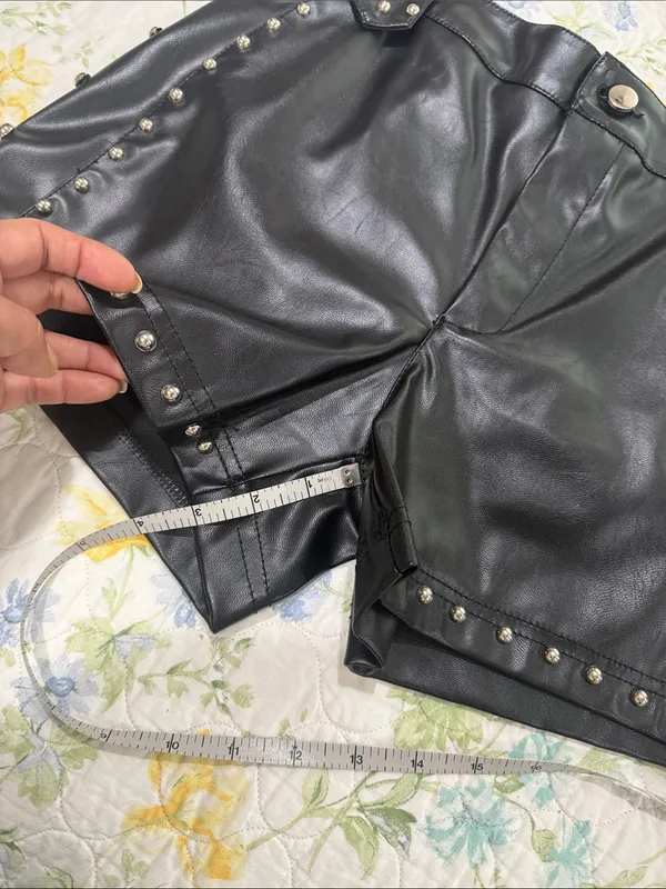 High-Waist Black Faux Leather Studded Shorts - Image 5