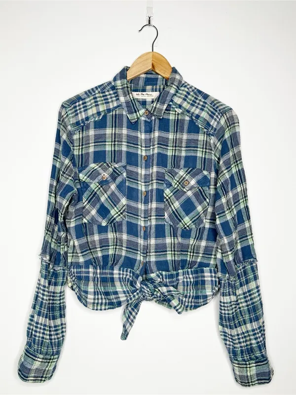 Free People We The Free First Bloom Plaid Tie Front Crop Shirt Blue Size Large - Image 2