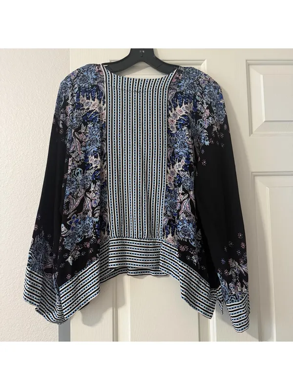 Free People Cropped V Neck Blouse Shirt Printed Floral & Stripes Boho Sz L Large - Image 2