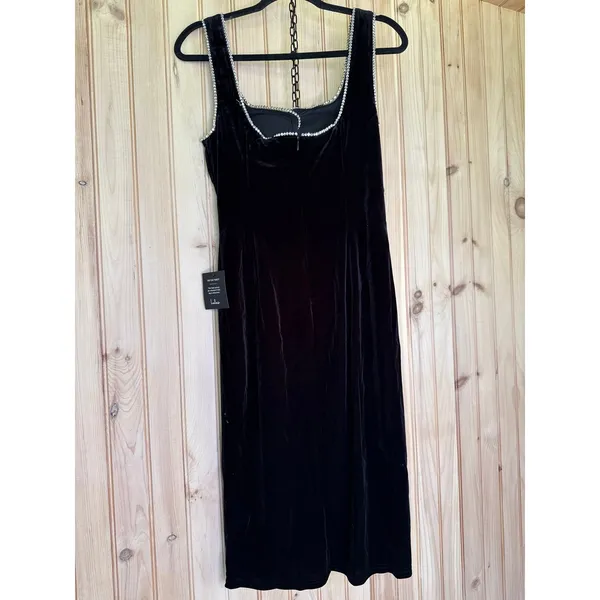 NWT Lulus Posh Sparkle Black Velvet Rhinestone Notched Midi Dress Party Size M - Image 7