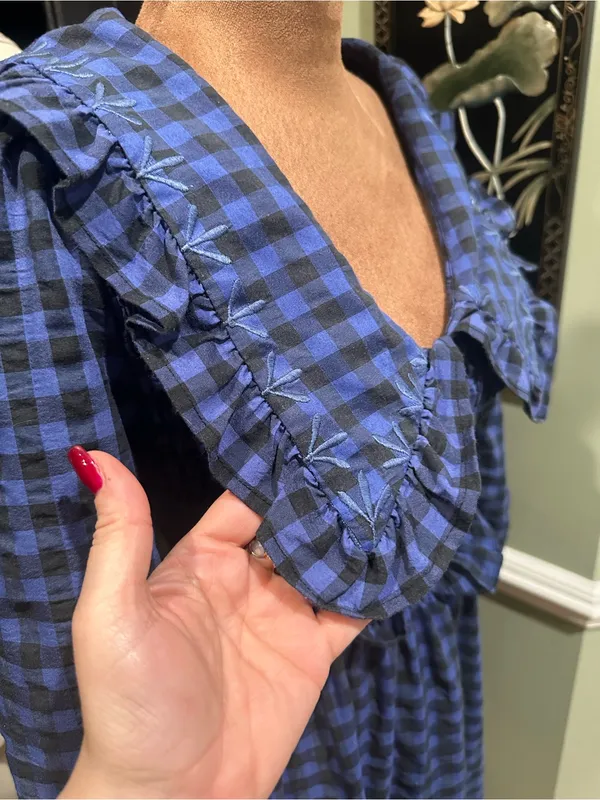 MANGO Blue & Black Gingham Smocked Babydoll Dress – Size 2 - Image 13