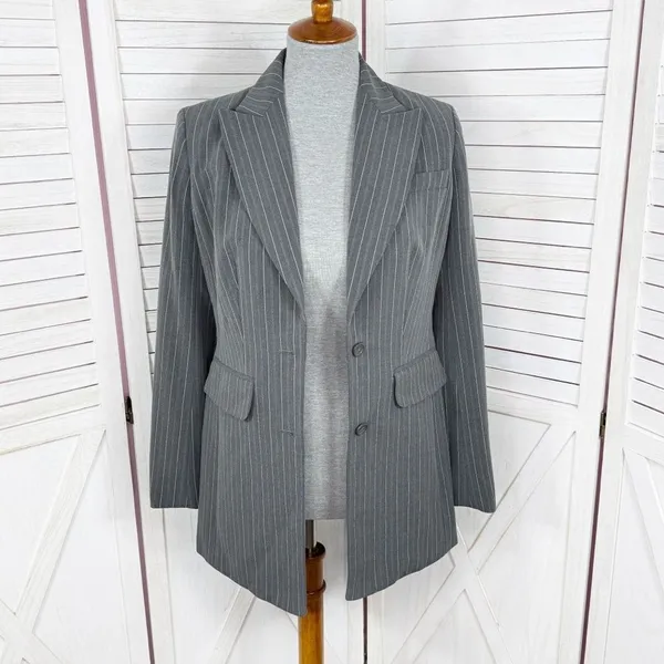 Vintage Moda International Pinstripe‎ Long Blazer Jacket Grey Pink 4 - Image 5
