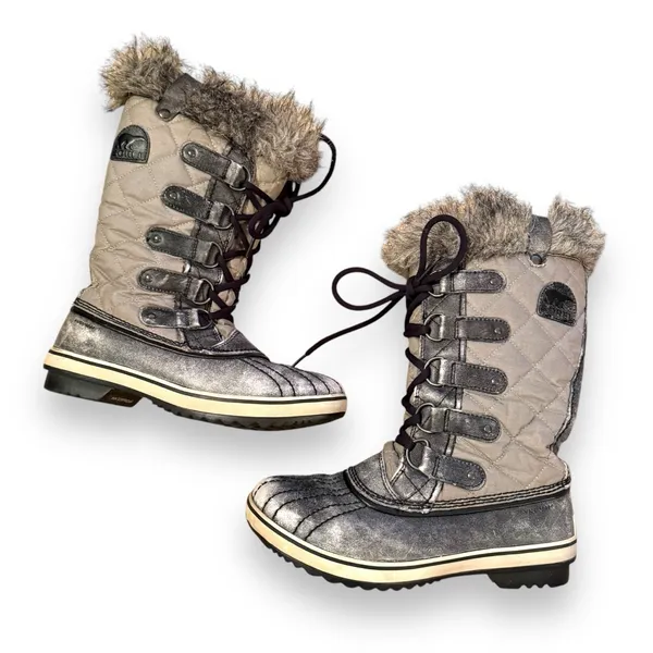 Sorel Tofino Tall Gray Waterproof Lace Up Distressed Faux‎ Fur Snow Boots Sz 7.5 - Image 2