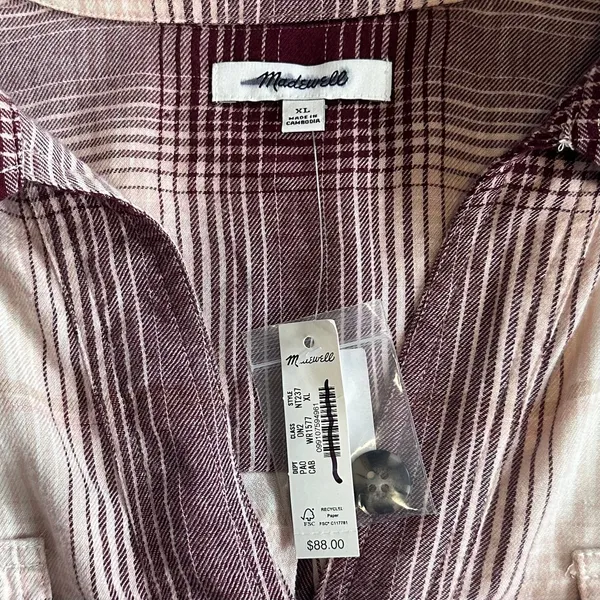 Madewell NEW Long Sleeve Flannel Popover Shirt Womens XL Plaid Burgundy Tunic - Image 6