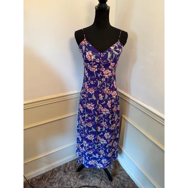 VTG Timoteo Corelli Purple Floral Button-Front Slip Dress Maxi 90s Whimsigoth - Image 2