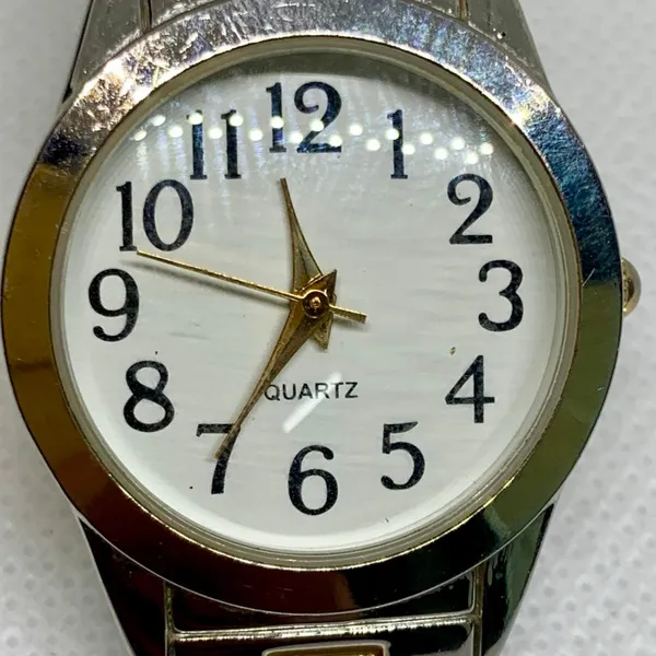 Women’s quartz analog watch gold silver tone 28mm stretch band 6.5” running - Image 3