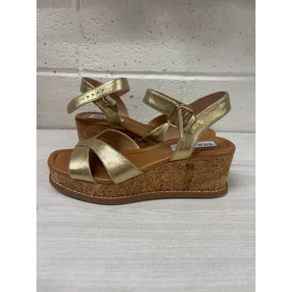 NIB Steve Madden Sz 6 Gold Metallic Leather Robbin Cork Wedge Ankle Strap Sandal - Image 3