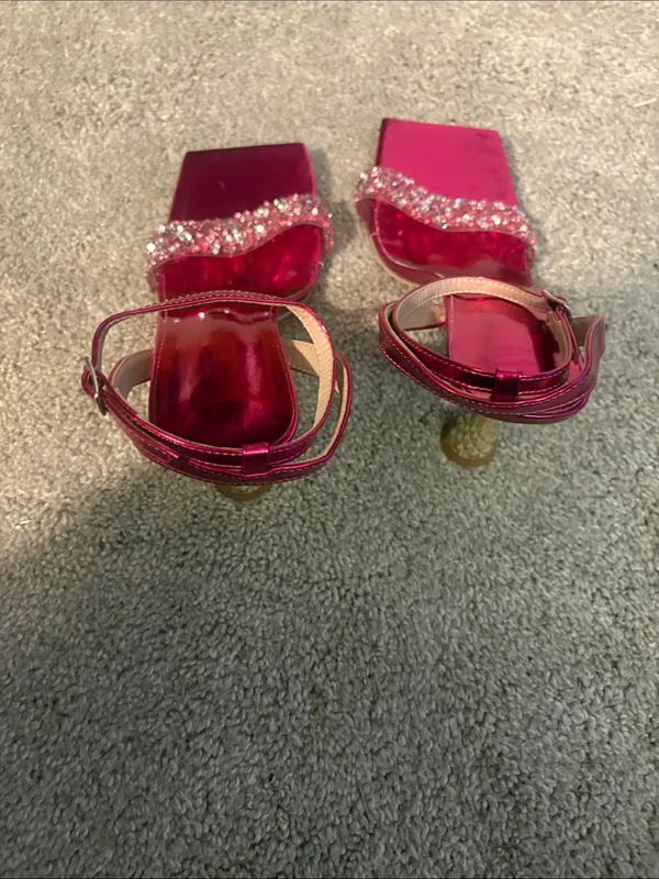SheIn Women's Metallic Fuchsia Ankle-Strap Heels with Crystal Toe Strap 11 - Image 5
