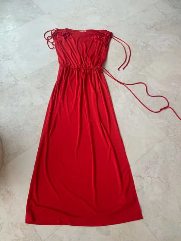 Vtg Bold Red Gathered-Waist Maxi Dress sz Sm-Med - Image 4