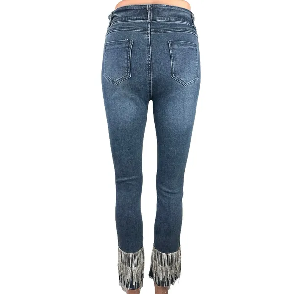 New Julianas Boutique Blue Denim High Rise Rhinestone Fringe Trim Skinny Jeans M - Image 3