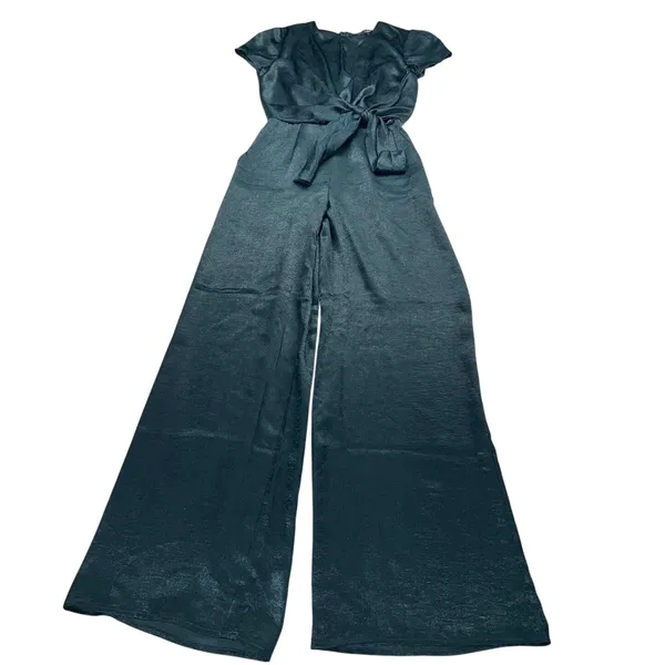 Lulus Let Me Entertain You Dark Green Satin Wide Leg Jumpsuit Tie Front Size XS - Image 7