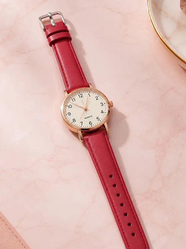 Women's Red Leather Strap Quartz Watch Pink - Image 2