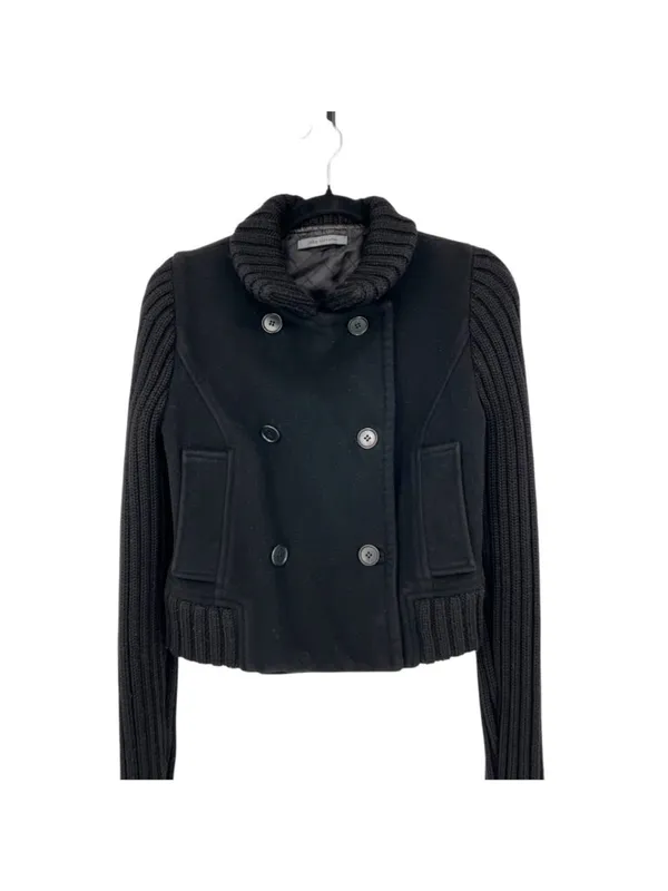 John Varvatos Cropped Pea Coat Knit Sleeves Black Women Size Small Military Punk - Image 2