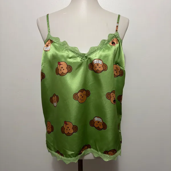 Y2K Aeropostale Monkey Print Satin Lace Trim Cami Tank Top XL Green Kawaii - Image 2