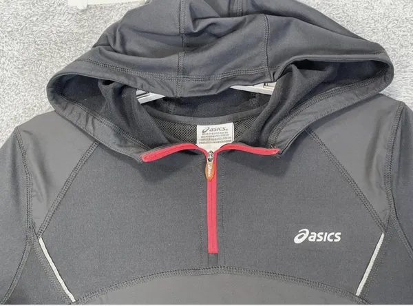 Asics Ladies Half Zip Hooded Jacket Women Running Workout Clothes Charcoal Red L - Image 2