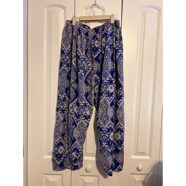 Blue & Cream Geometric Print Harem Pants |‎ Elastic Waist | Lightweight Boho - Image 2