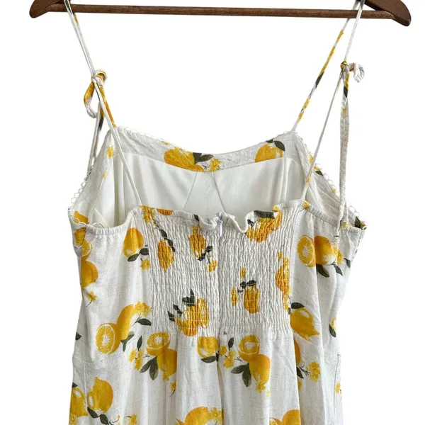 Kirious Lemon Print Linen Blend Midi Dress Yellow White Citrus Vacation Resort - Image 8