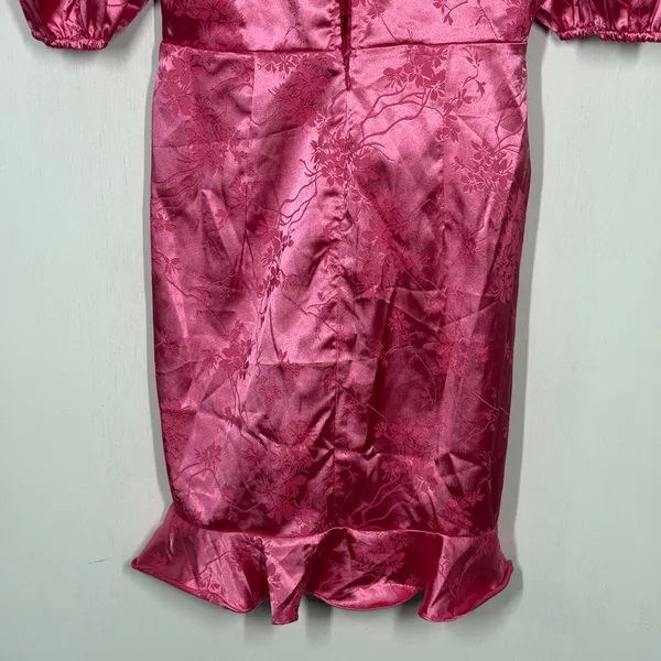 Elevator Disco Mini Dress Womens Size Small Pink Floral Surplice Neck Ruffle Hem - Image 6