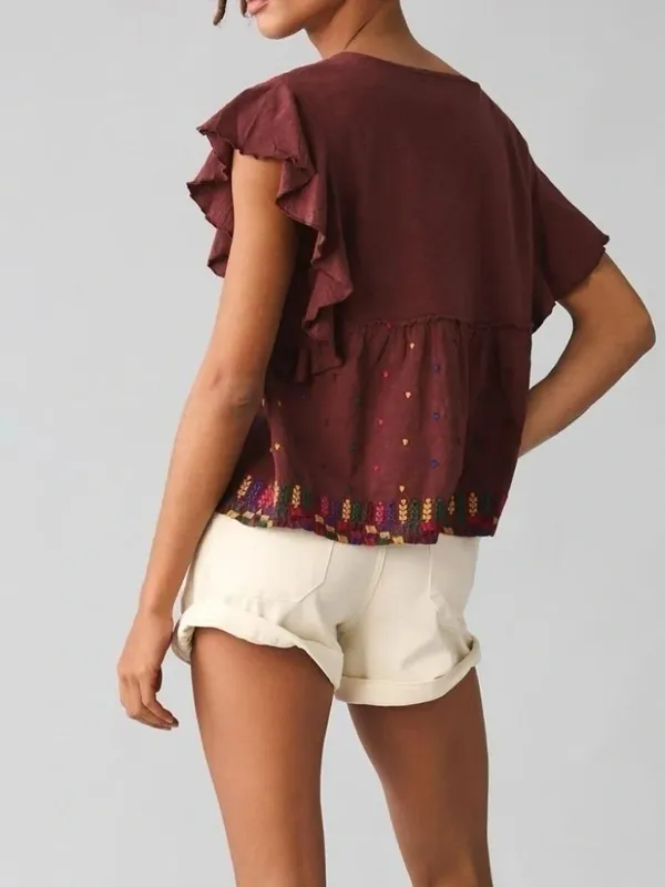 Anthropologie Brown Embroidered Bohemian V-Neck Ruffle Short Sleeve Top - Image 6