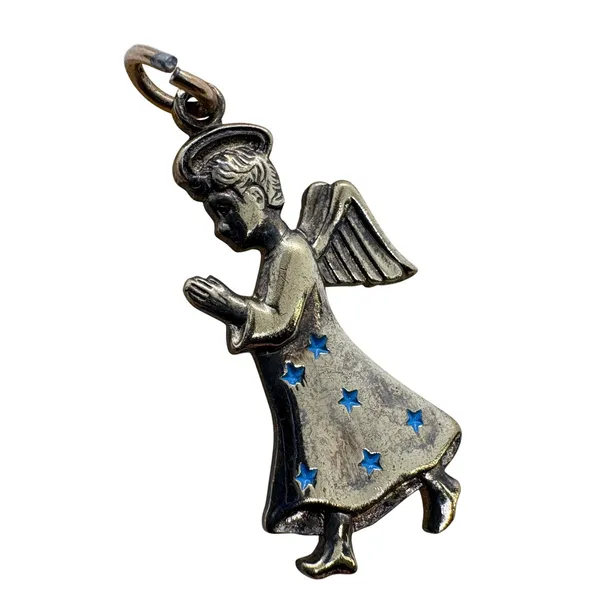 Vintage Gold Plated Sterling Silver Praying‎ Angel Charm Blue Enamel Stars 2.27g - Image 2