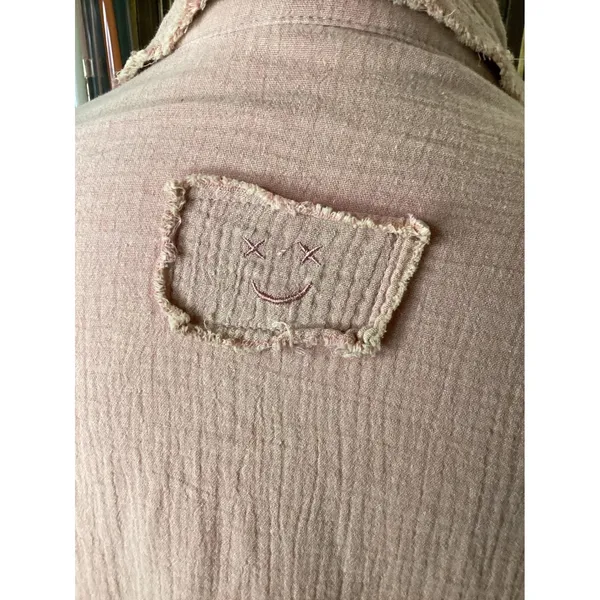 POL Womens Terracotta Gauze Crochet Lace Sleeve Button‎ Down Oversized Shirt Lg - Image 4
