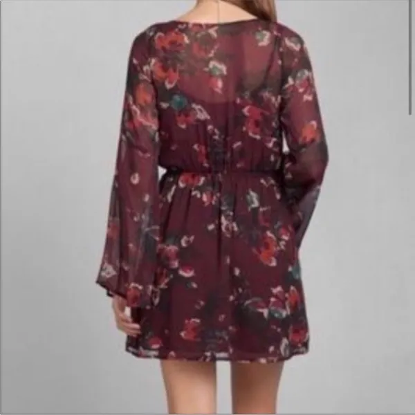 Abercrombie Burgundy Bell Sleeve Sheer Mini Dress - Image 3