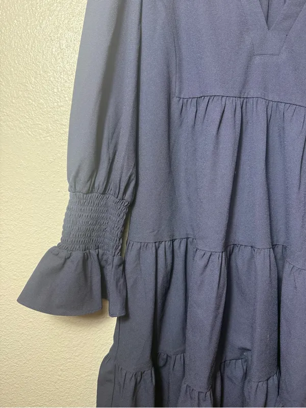Pomander Place Kenzo Dress Navy Cotton Poplin Tiered Ruffle Mini Dress‎ Size XS - Image 6