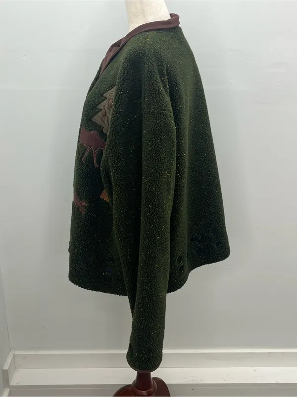 Cabelas Womens Green Moose Pine Tree Applique Cabin Core Sherpa Fleece Jacket XL - Image 4
