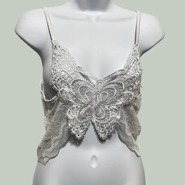 Y2K Fairy Butterfly Lace Cami Crop Top Sheer White Applique Romantic Coquette - Image 3