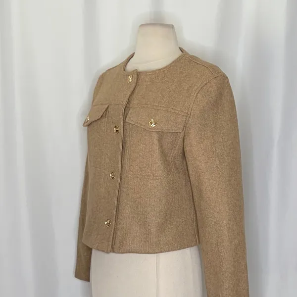 ZARA Cropped Jacket Light Brown Tan Gold Hammered Snaps Preppy Chic Small - Image 6