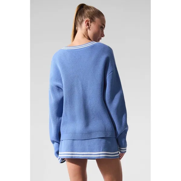 ALO Yoga Tennis Club Sweater Knit Cardigan Crystal Clear Blue/White Sz L Preppy - Image 2