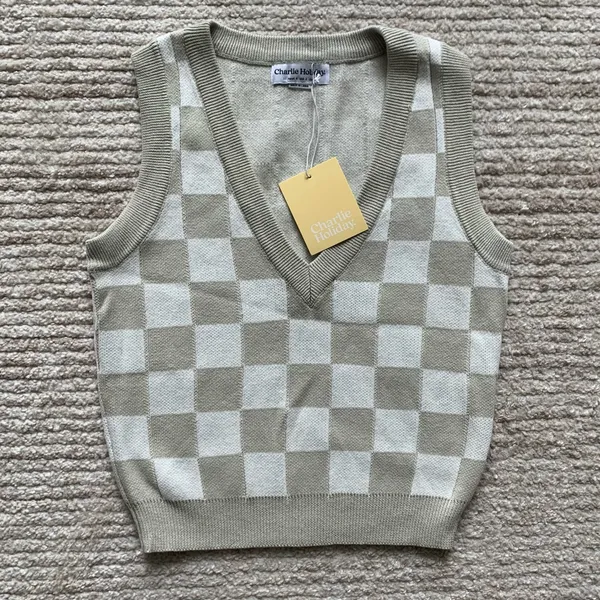 Charlie Holiday Avalon Checkered Sweater Vest Cream NWT Size XS - Image 2