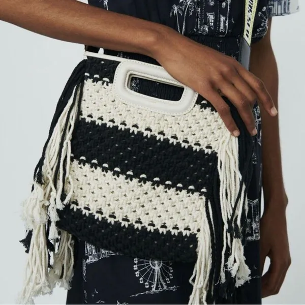 Maje M Bag in Leather and Bicolor Knit Black White Stripe Satchel NWT - Image 3