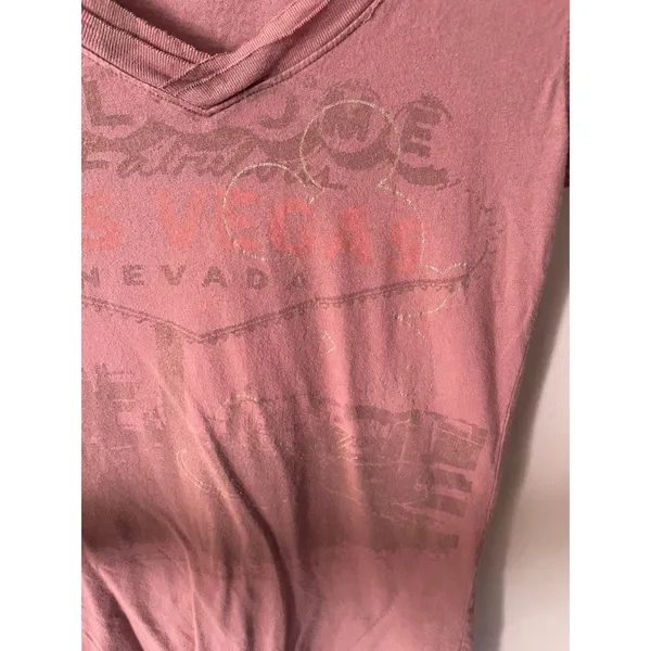 Disney Vintage 2006 Women’s Dusty Rose Pink Mickey Las Vegas V-Neck Tee Size S - Image 4
