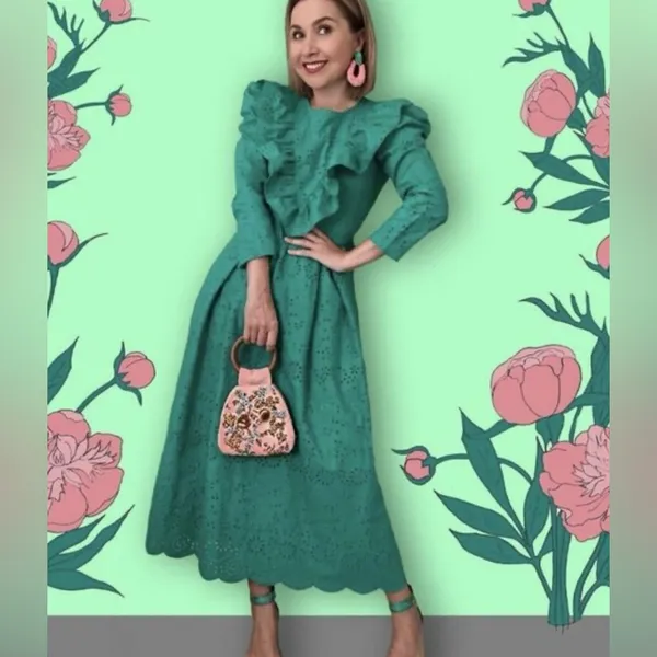ZARA Broderie‎ Anglaise Cutwork Embroidered Eyelet Ruffle Midi Dress Green Sz XS - Image 2