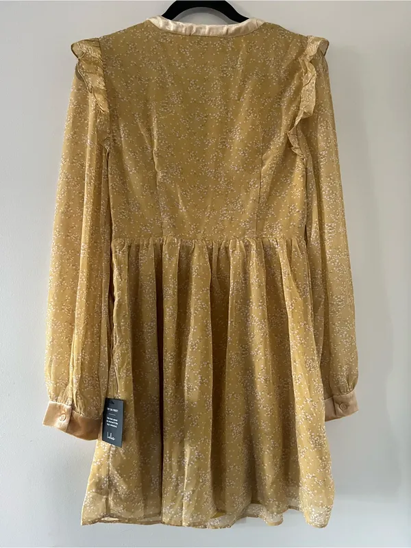 NWT Lulus Mustard Yellow Floral Ruffle Mini Dress Medium Cottagecore Romantic - Image 7