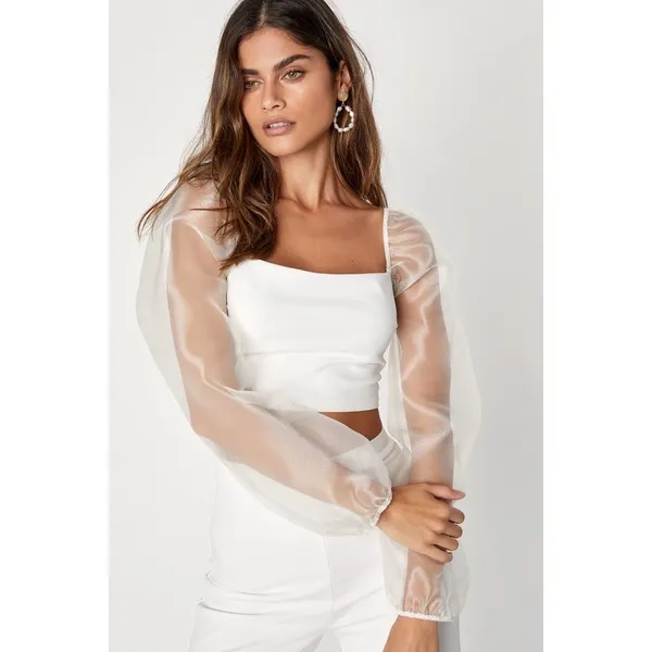 NWT Lulus Sheerly Sultry Ivory Organza Balloon Sleeve Two-Piece Jumpsuit Size M - Image 7