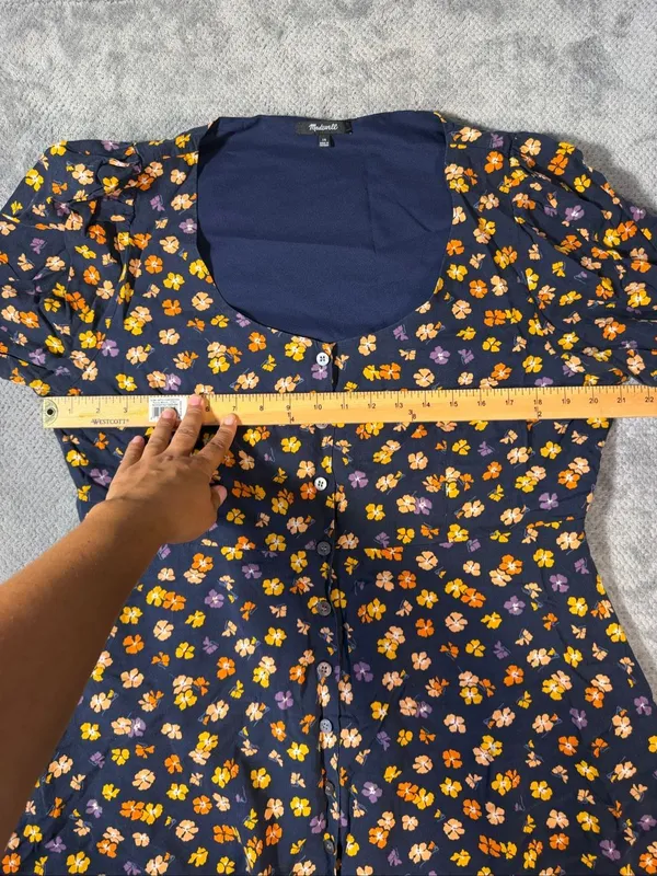 Madewell Sz 14 Navy Floral Button Front Puff Sleeve Mini Dress Cottagecore Boho - Image 6