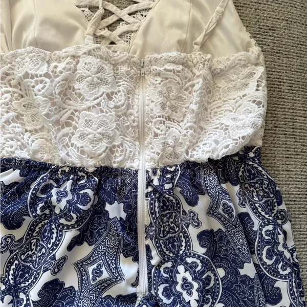 Charlotte Russe Women’s White Lace Top Navy Patterned romper - Image 3