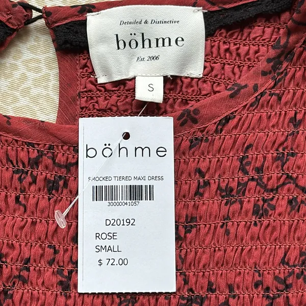 NWT bohme Smocked Tiered Maxi Dress Sheer Sleeves Rust with black design size S - Image 8