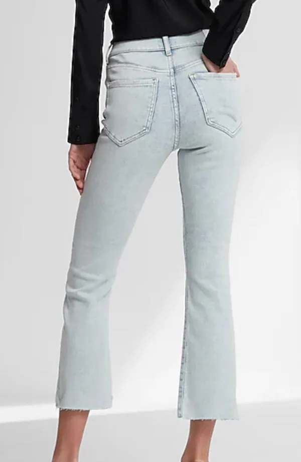 Express High Waisted Light Wash Raw Hem Cropped Flare Jeans - Image 2