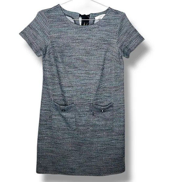 LOFT Blue Multi Tweed Sheath Dress Short Sleeve Pockets Size 0 - Image 3