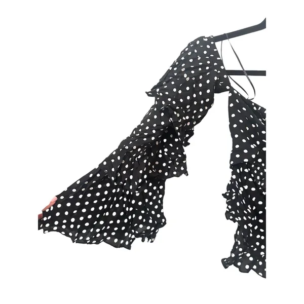 SEEK THE LABEL Polka Dot Ruffled Off Shoulder‎ Blouse Black Small - Image 4